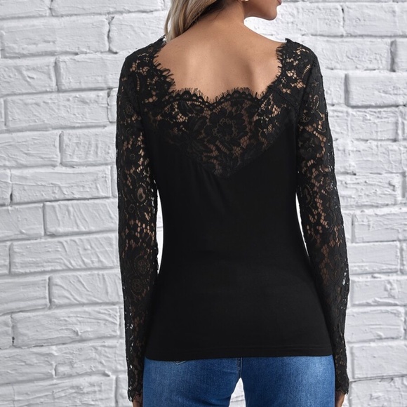 navy blue lace long sheer sleeve boho top - Picture 4 of 12